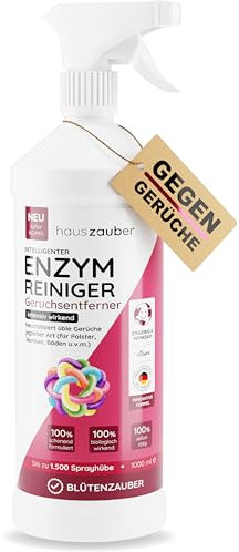 hauszauber - Enzymreiniger [STARKER GERUCHSENTFERNER] 1000 ml - Gegen Katzenurin, Nikotin, Tiergerüche etc. - Schlechte Gerüche aus Auto & Teppich entfernen - Geruchsentferner - Blütenzauber