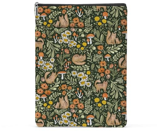 Book Sleeve Book Protector Book Pouch Book Lovers Gifts Bookish Gifts Book Cover with Zipper for Hardcover Paperback Washable Floral Cat Printed Gift Bag for Women Teacher Reader, BookCover