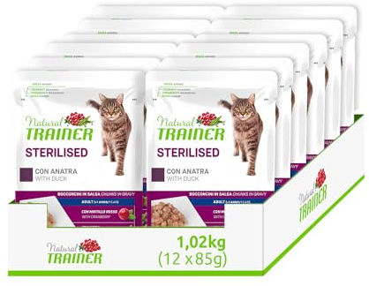 Natural Trainer Sterilised Cibo Umido per Gatti Adulti con Anatra, 12 Buste x 85 gr, 1020 gr