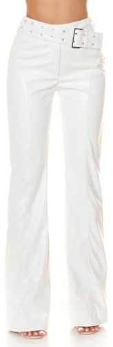 Koucla Pantalon taille haute en similicuir pour femme avec ceinture décorative et boucle, Blanc., S