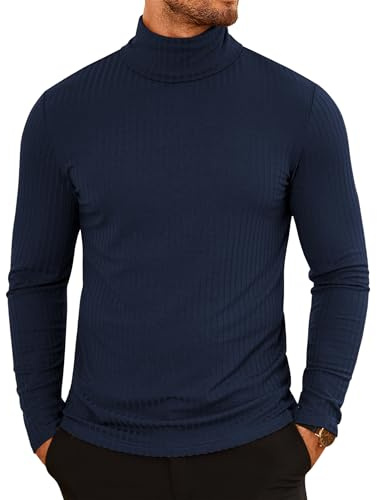 COOFANDY Pull à Col Roulé pour Homme T-Shirt à Manches Longues Chaud Casual Tricot Pulls Hiver Slim Fit Bleu foncé S