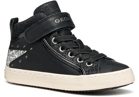 Geox J Kalispera Girl Sneaker, Black/DK Silver, 33 EU, Black Dk Silver, 33 EU