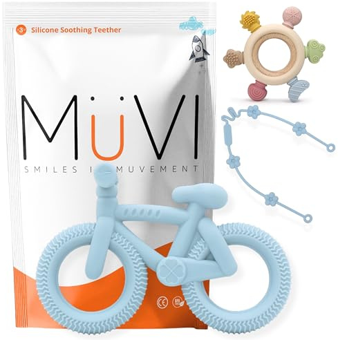MÜVI - Pack de mordedores bebé, juguetes de dentición +3 meses, silicona alimentaria suave y sin BPA, fácil de agarrar y morder, alivio para encías y estimulación sensorial. (Pack Bici Azul)