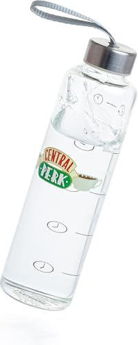 Friends TV Show Glass Water Bottle with Time Markers and Hand Strap | Reusable & Leak Proof | BPA Free, 590ml | Officially Licenced by Paladone
