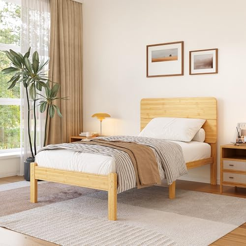 Hunlostten Wooden Single Bed Frame with Headboard - Bamboo Wood Platform Bed Frame with Metal Slats Support and Underbed Storage Bedroom Furniture, Easy Assembly, Noise Free, Sturdy, 35.5 cm High