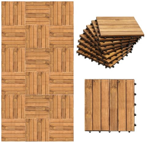 Jaxguom Holzfliesen Balkon 30x30cm, Akazienholz Terrassenfliesen 22Stück 2㎡,Balkon Bodenbelag(6 Latten),Terassenboden Außen,Klickfliesen Terrasse Mosaik für Garten Patio
