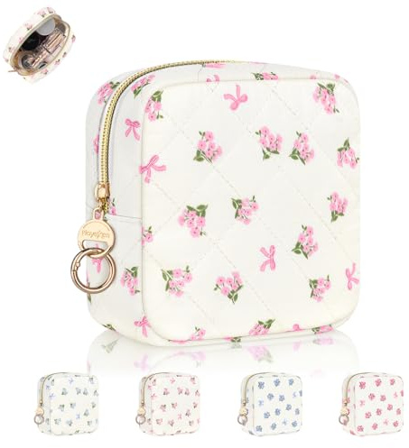 Petite Pochette Maquillage Mini Trousse de Toilette Fille pour Voyage en Coton Trousse de Maquillage Femme Polyvalent Sac de Rangement à Cosmétiques Idéal Cadeau Filles Anniversaire Noël(Rose-Fleur)