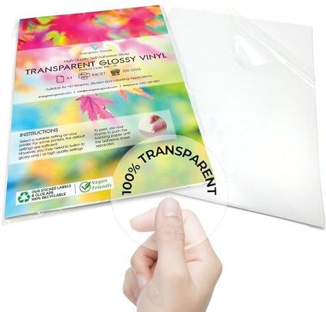 EVG Evergreen Goods 10 Sheets A4 Clear Transparent Printable Vinyl Sticker Sheets | Glossy Self Adhesive Label Paper | Inkjet Printable | Make Your Own Stickers & Product Labels