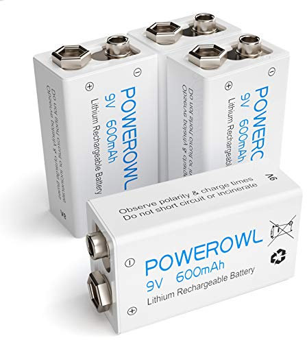 POWEROWL 9V Pilas Recargables Rendimiento más Alto Litio de Batería Li-Ion Baja autodescarga 4 Piezas (Precargadas, 600mAh, 1200 ciclos)