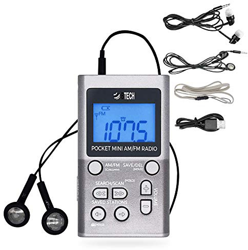 BTECH MPR-AF1 AM FM Personal Radio with Two Types of Stereo Headphones, Clock, Great Reception and Long Battery Life, Mini Pocket Walkman Radio with Headphones (Silver)