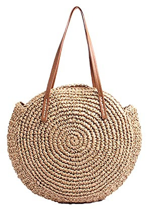 VOANZO Die neue literarische runde geflochtene Strohtasche mit großer Kapazität, handgewebte Strandtasche (braun) Umhängetaschen