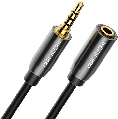 deleyCON 3,0m Headset Förlängning av Hörlurar AUX 3,5 mm Jack CTIA 4 Poler TRRS Mikrofon Förlängningskabel Stereoljud Metallplugg PC Smartphone Surfplatta HiFi-Mottagare (Extra Tunn och Flexibel)