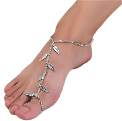 TseenYi Bracelet De Cheville De Sandales Pieds Nus Boho Argent Feuille Sandales Pieds Nus Plage Orteil Bracelet De Cheville De La Mode Tassels Orteil Chaîne Bijoux Pour Les Femmes(1 Pcs)