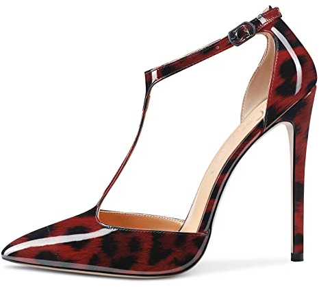 Castamere Donna Alto High Spillo Tacco Heel Chiusa a Punta Pumps T-Strap Cinturino alla Caviglia Sandali Clear Dress da Matrimonio Scarpe Rosso Leopardo 36 EU