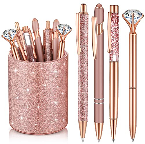 Sabary 8 Pcs Rose Gold Pens with Pen Holder for Desk Glitter Crystal Diamond Cute Ballpoint Fancy Pencil Holder Bling Desk Organizer for Women Girls Gifts School Office Valentine Supplies
