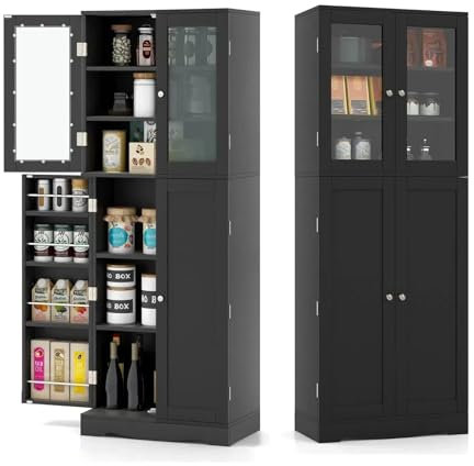 KOMFOTTEU Hochschrank Vitrinenschrank Holz, Küchenschrank Badezimmerschrank mit Glasstür & Regal, Aufbewahrungsschrank für Wohnzimmer Büro Küche 60x31,5x161,5 cm (Schwarz)