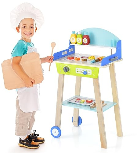 COSTWAY Kids BBQ Grill Playset, Wooden Pretend Cooking Cart with 21 Play Foods & Barbecue Accessories, Role Play Chef Toy Set Gift for Girls & Boys