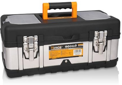 HOTECHE Werkzeugkoffer leer | Edelstahl Werkzeugkasten mit transparenten PP Abdeckungen | Größe: 41*21.5*18.5cm | Schwarz PP und natur Edelstahl | Werkzeugbox, Werkzeugkiste | verzinkte Verschlüsse
