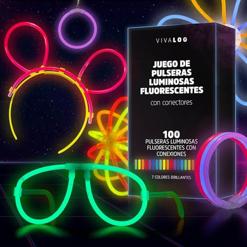 Vivaloo Knicklichter Party Set 100 Stück + Zubehör - Leuchtstäbe mit Verbinder für Leuchtarmbänder, Party Brillen, Bälle usw. - Party Deko & Festival Zubehör