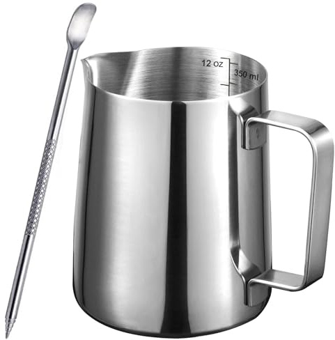 SVNR Milk Frother Jug - 350ml/12oz Stainless Steel Milk Frothing Jug, Milk Jug for Coffee Machine, Barista Accessories for Making Cappuccino Latte Frothy Milk - Sleek Silver Design