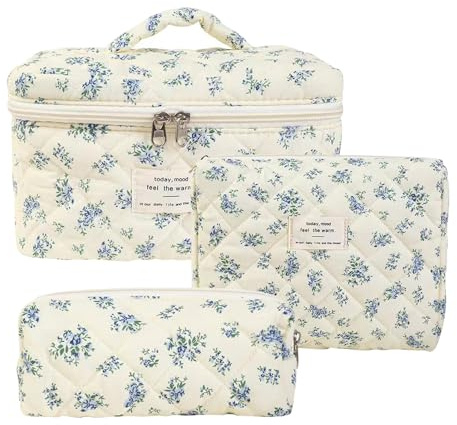 3 stycken resesminkväska set, dam, quiltad sminkväska med blommönster, necessär set, stor sminkväska estetisk makeupväska skönhetsväska för flickor, c, Siehe Beschreibung, Se beskrivning