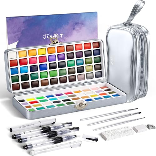 JusArt 100 Farben Aquarellfarben-Set, Reise-Aquarell-Set mit Handtasche