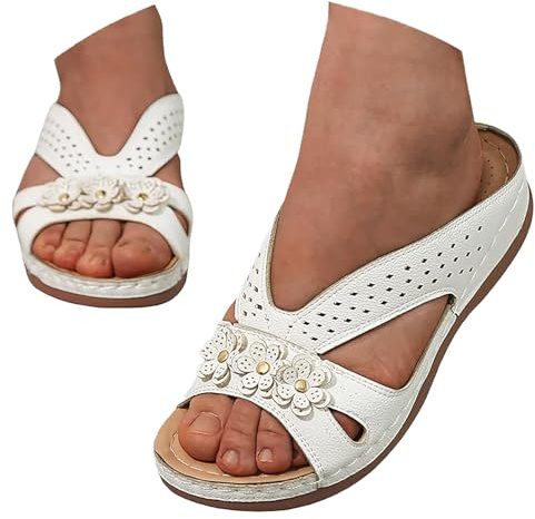 Women's Wedge Heel Sandals Women's Summer Large Sizes Slippers Flowers Beach Shoes Lightweight Wedge Sandals Comfortable Leisure Sandals Wedge Heel Slippers Slingback Walking Shoes, White, 7 UK