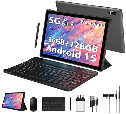 LINROM Tablet 10 inch Android 15, 36GB RAM, 128GB ROM (TF 1TB), 1080P Widevine L1, 5G WiFi Octa-Core, 8000mAh, 5MP+8MP, Tablet with Keyboard|Mouse|Case|Earphone-Grey