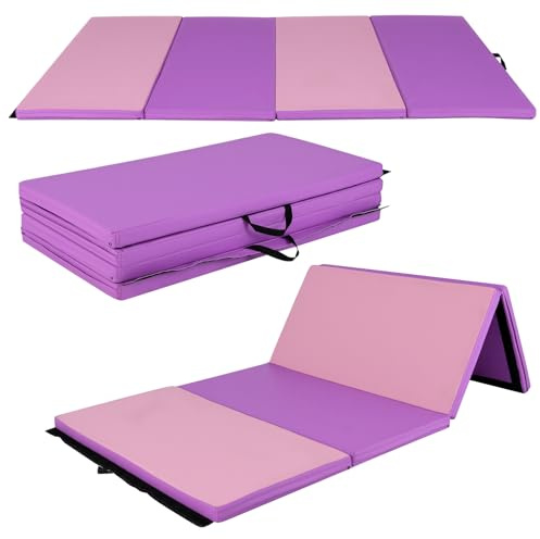 COSTWAY Tappettino da Ginnastica Pieghevole 240 x 116 x 5 cm, Tappetto Palestra da Terra con Maniglie Portatile, Materassino da Allenamento per Fitness e Yoga (Viola e Rosa)