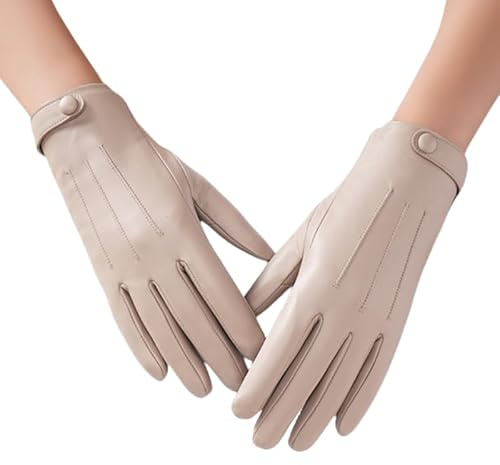 Keninll – Gants en cuir pour femmes, gants en mouton d'hiver doublés de polaire vintage, compatibles avec l'écran tactile, pour l'équitation et la conduite, chauds, doux et coupe-vent, beige, L