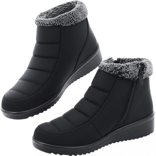 ShuCentre Womens Winter Snow Boots Ladies Waterproof Fur Lined Walking Boots Warm Shoes Side Zipper Lightweight Outdoor Anti-Slip (Black, 6, UK Footwear Size System, Adult, Women, Numeric, Medium, 6)