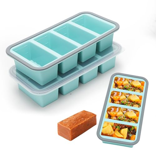Souper Cubes - Molde de silicona para congelar con tapa, cubitera, 2 unidades, 4 agujeros, para sopa, cubitos de hielo, caldo, salsa o mantequilla