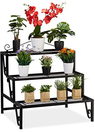 Relaxdays Blumentreppe Metall, 3 Stufen, Outdoor und Indoor, Pflanzentreppe mit Verzierung, HBT 69 x 70 x 60 cm, schwarz