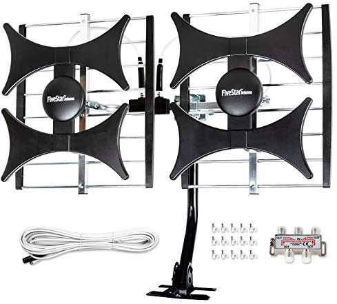 Five Star Multi-Directional 4V HDTV Antenna - up to 200 Mile Range, UHF/VHF, Indoor, Attic, Outdoor, 4K Ready 1080P FM Radio, Supports 4 TVs Plus Installation Kit and Mounting Pole
