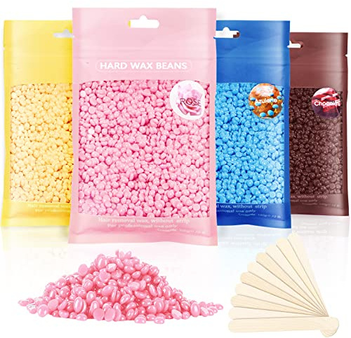 Hard Wax Beads, Professional Wax Beads for Hair Removal 400g Hair Wax with 10 Pcs Wood Sticks for Full Body Brazilian Bikini Face Legs Eyebrow Painless at Home for Woman Men