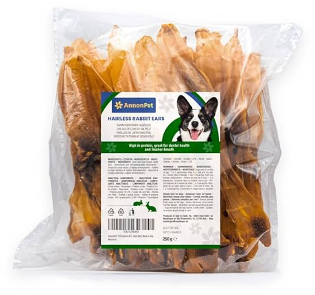 AnnonPet® 250 Grammi di Orecchie di Coniglio senza Pelo a Basso Contenuto di Grassi | Spuntino da Masticare per Cani | Dieta Barf | Made in Italy