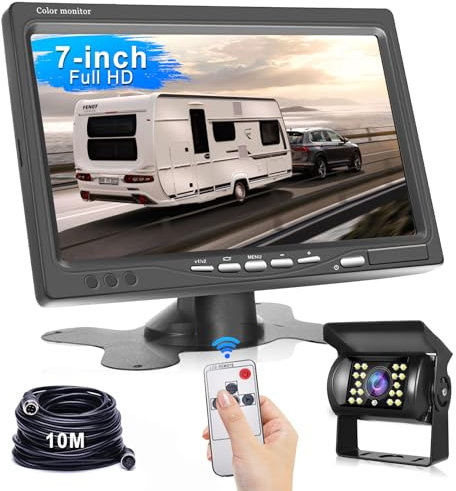 Podofo Telecamera Retromarcia con Monitor HD da 7 pollici 10M Cavo con 18 LED IR IP69 Impermeabile Visione Notturna 2 Canali Telecamera Retromarcia Camion Applicabile per Camper RV DC 12V-24V