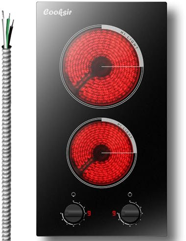 Cooksir 2 Burner Electric Cooktop 220V - 12 Inch Built-in Electric Stove Top 3000W, Radiant Electric Stovetop with 9 Power Level, Knob Control, Auto Shut Down Protection, 220-240V Hard Wired (No Plug)