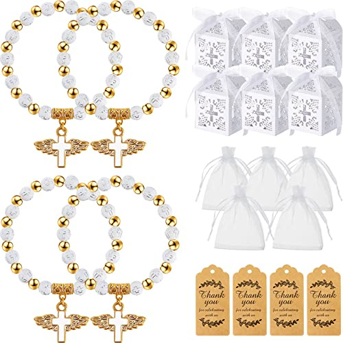 Set med 200 st dopfavoriter inkluderar 50 änglar, kors, radband, armband, 50 dop, favörbox med band, 50 tack-etikett, 50 organza-väska, Bautizo Recuerdo De Boda Y Bautizo för baby shower (vit, guld)