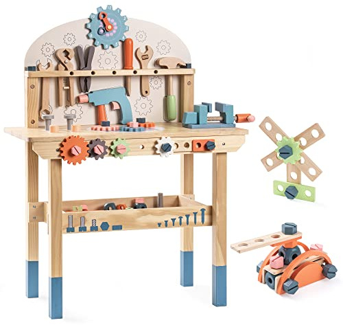 ROBOTIME Kids Tool Bench Set- Large Wooden Work Bench Construction Toys, Workshop w/Kid Toys Tool Set (41 Pieces) for Toddlers Boys Girls Age 3 4 5 6 7