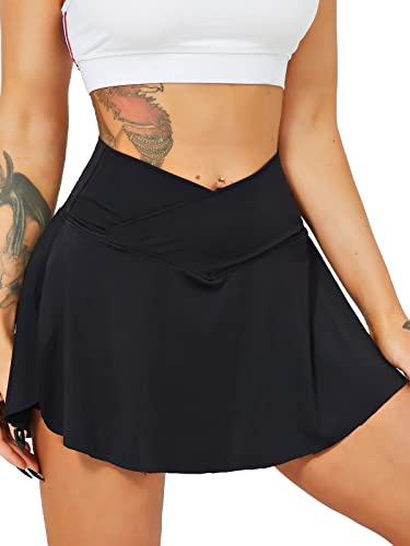HAWILAND Jupe de tennis pour femme - Taille croisée - Taille en V - Avec poches - Pour cyclisme, randonnée, course à pied, #1 noir., S