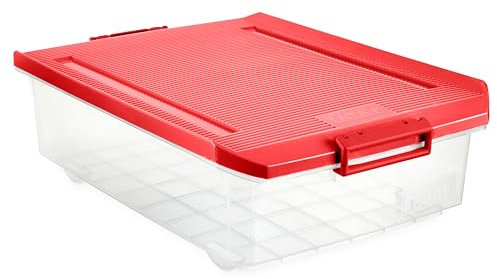 Tatay Boîte de rangement sous lit avec couvercle, 32 l de capacité, avec poignées et roues, couvercle 100% matériaux recyclés, sans BPA, rouge. Dimensions 40 x 57 x 18 cm