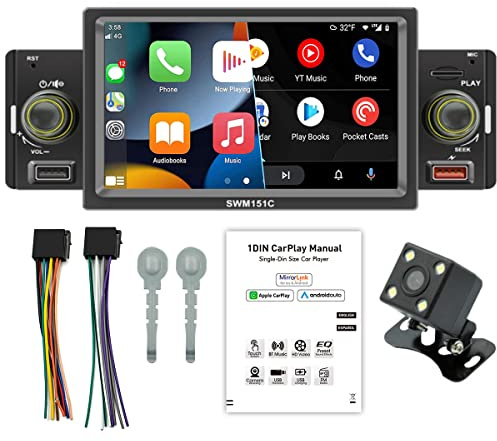 WEPARTICULAR Kompatibel med Apple CarPlay Android Auto 1 DIN Car Stereo, Bluetooth, 5-tums pekskärm, bilradio med FM-radio, spegellänk, USB TF Car, MP5-spelare, 4 LED backkamera