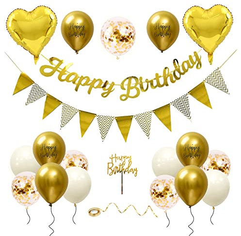 Geburtstagsdeko Happy Birthday Girlande Gold Beige Sipeayan 26 Stück Deko Geburtstag Partyzubehör Wiederverwendbar mit Wimpelkette Banner Latex Luftballons Herz Folienballon für Frauen Mann Kinder