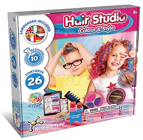 Science4you Hair Studio - Craie pour Cheveux pour Enfant, Kit Coiffure pour Coloration Temporaire des Cheveux, Tatouages pour Enfants, Jeux et Joeuts, Cadeau pour Fille et Garçon 7 8 9+ Ans