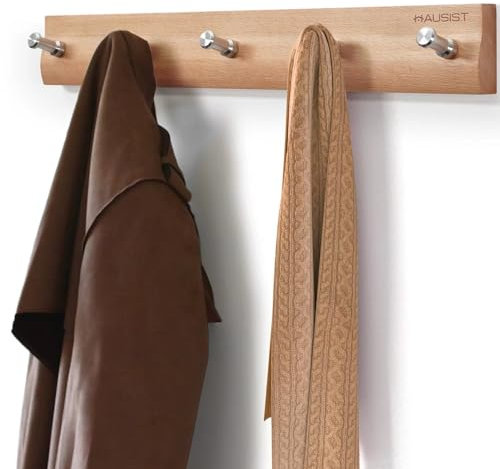 HAUSIST Patère Murale en Bois de Hêtre - 43 cm - Porte-Manteau Mural en Acier Inoxydable - Avec 5 Crochets en Acier Inoxydable