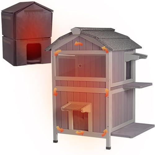 Aivituvin Cat House Outdoor Feral Cat Enclosure, Weatherproof Warm Kitty Indoor Shelter with Large Balcony, Escape Doors (Grey, Large with Liner)
