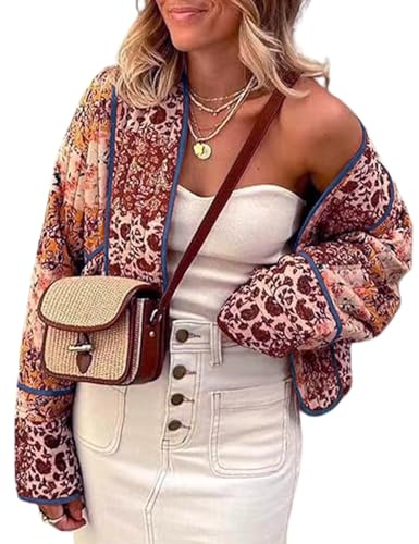 Omoone Women's Cropped Floral Reversible Quilted Jacket Cardigan Printed Lightweight Open Front Padded Puffer Coat(3950-01Brown-L)