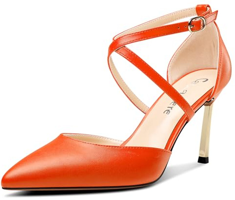 Castamere Femmes Haut High Talon Heel Pointu Bout Escarpins Lanières Cheville Lanières Croisées Mariage Dress 8.5 CM Heels Orange 37 EU