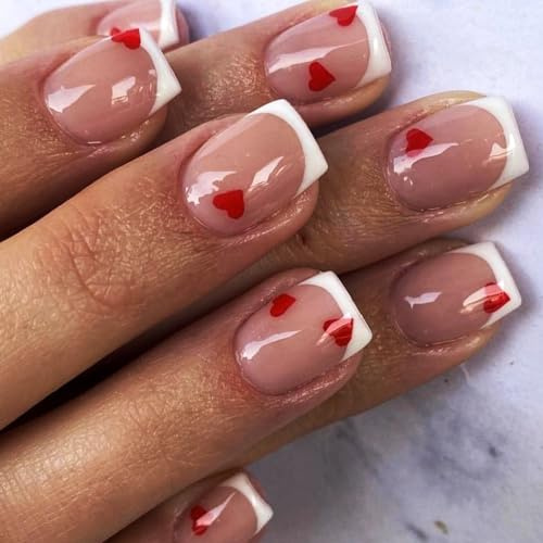 Brishow Valentine's Day False Nails Red Heart Press on Nails French Pink Stick on Nails Artificial Reusable Short Fake Nails 24pcs for Women and Girls (b)